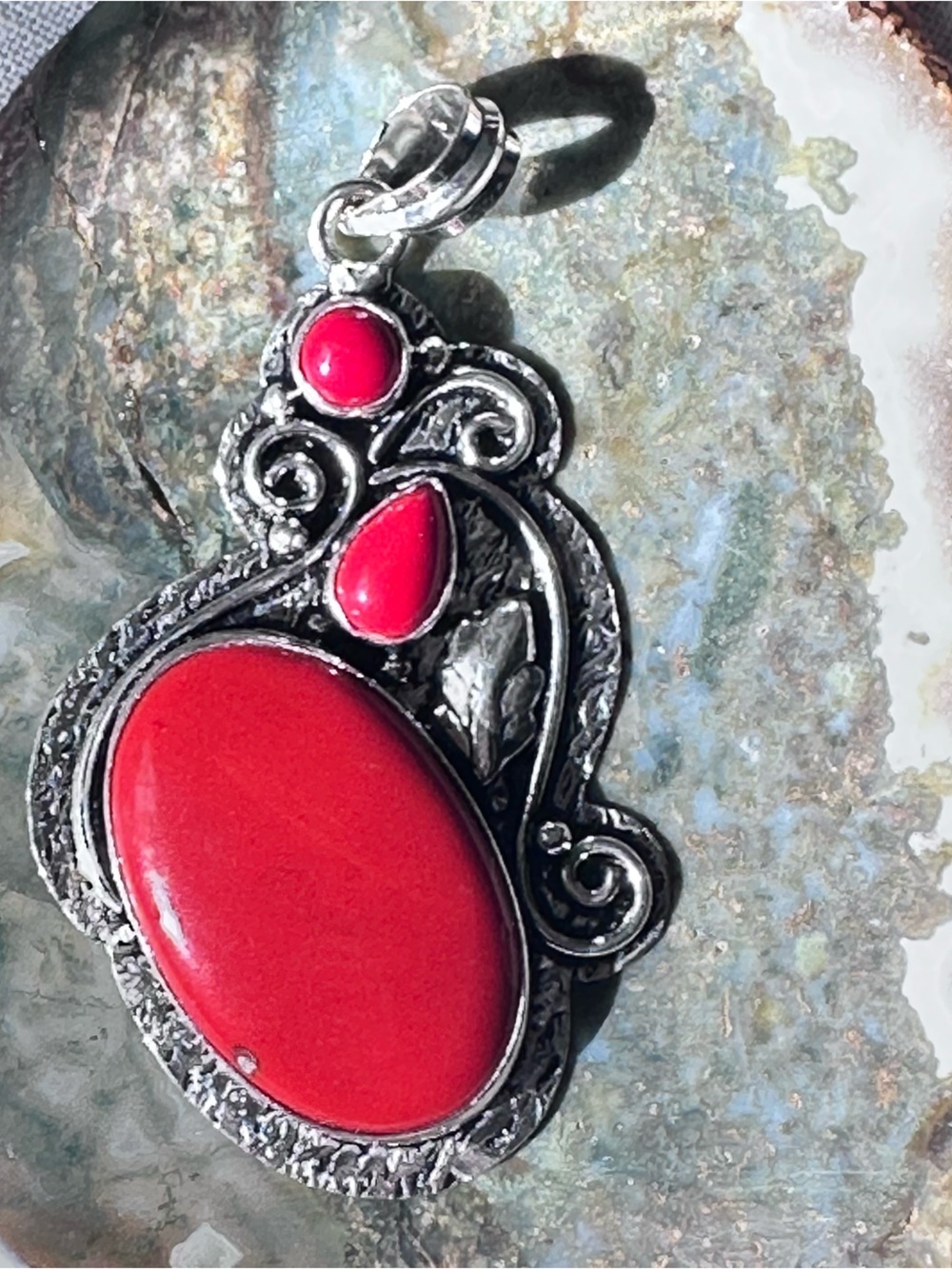Artisan Red Coral 3 Stone Pendant Filigree Pendant Necklace
